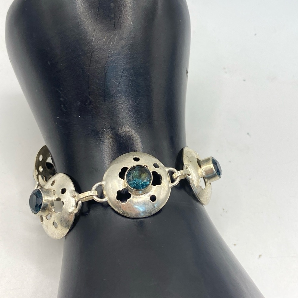Vintage Disc Bracelet with Blue Rhinestone Stones 925 Sterling Silver - Picture 2 of 9